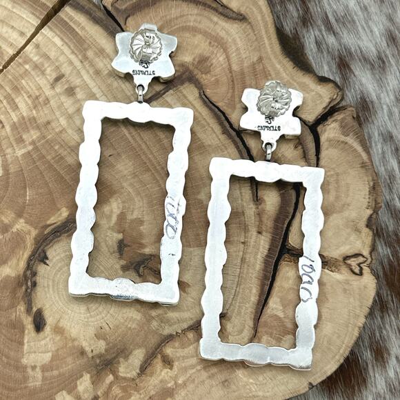 FEDERICO JIMENEZ Sterling Silver & Turquoise Open Rectangle Dangle Post Earrings - Picture 2 of 3